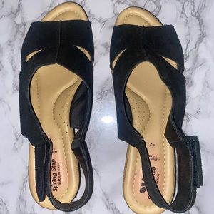 Black and Tan spring step wedges slightly worn